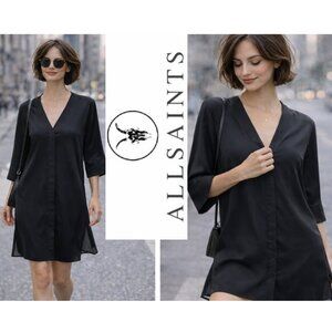 AllSaints Black Silk Button Down Shift Dress Sheer Side Slits 3/4 Sleeve Size 4
